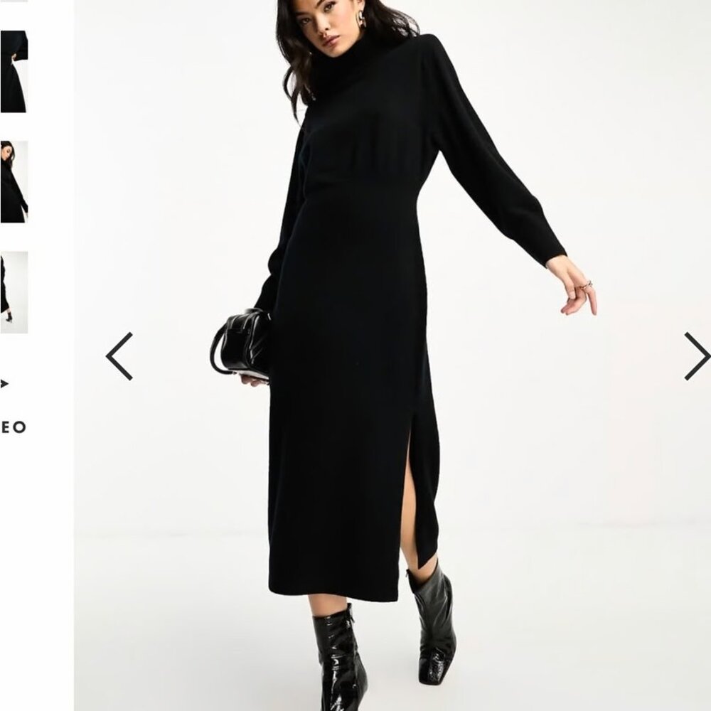& Other Stories Black Padded Shoulder Knit Wool Midi Dress